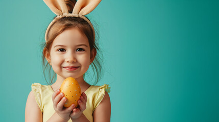 Cute little child girl wearing bunny ears on Easter day on teal color background. Girl holding painted Easter egg isolated on blue banner with copy space.