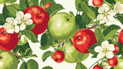  an apple tree with green and red apples and white flowers on a white background with green leaves and white blossoms.