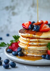 Pancakes with fresh strawberries, blueberry and maple syrup for a breakfast, honey pouring on delicious homemade pancakes with copy space. - obrazy, fototapety, plakaty