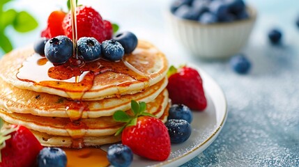 Pancakes with fresh strawberries, blueberry and maple syrup for a breakfast, honey pouring on delicious homemade pancakes with copy space.
