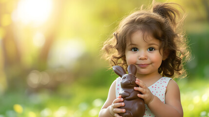 Beautiful stylish toddler child, mix raced girl,  playing with Easter chocolate bunny in the park, copy space. - obrazy, fototapety, plakaty