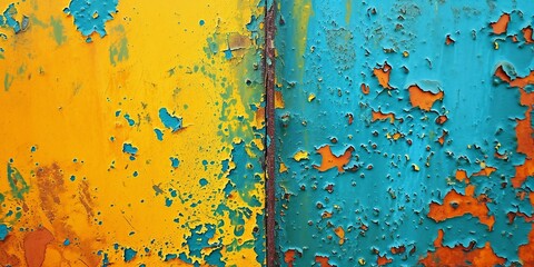 Old green paint on the metal and drips of rust. grunge vintage texture for background, blue, green, teal, yellow old banner with copy space.
