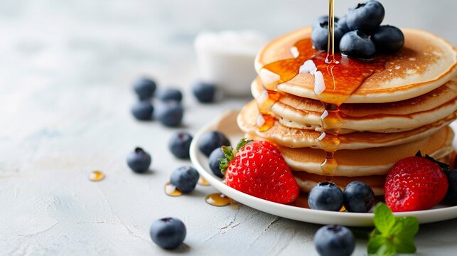 Pancakes with fresh strawberries, blueberry and maple syrup for a breakfast, honey pouring on delicious homemade pancakes with copy space.