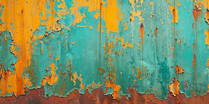 Old green paint on the metal and drips of rust. grunge vintage texture for background, blue, green, teal, yellow old banner with copy space. - Powered by Adobe