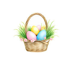 Obraz na płótnie Canvas easter basket with eggs watercolor illustration sketch isolated no background
