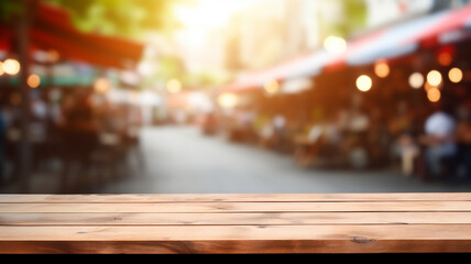 Empty wooden table to display products front of blurred parisian coffee background, sunny packshot, beautiful market city