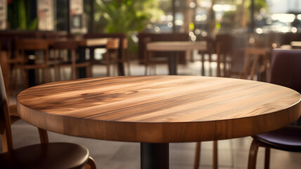 Empty round wooden table in a restaurant, restaurant packshot, warm lighting, interior decoration for packshot and background, studio, product design