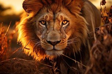 An adult lion looks directly at the camera in the savannah. Generated by artificial intelligence