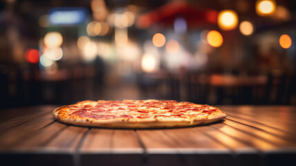 Pizza in a traditional italian restaurant, pizza on a table, italia, pizza oven in the background