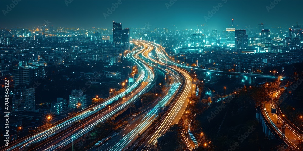 Fototapete Cityscape Connections: The illuminated web of data transfer intertwining the urban streets on the information highway of the Internet of Things