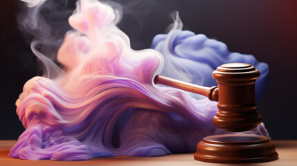 A wooden gavel sitting next to a pile of colored smoke Legal regulation of novel innovative ai technologies. - obrazy, fototapety, plakaty