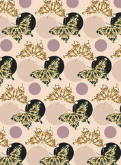 Seamless pattern with butterfly and circles on the beige background