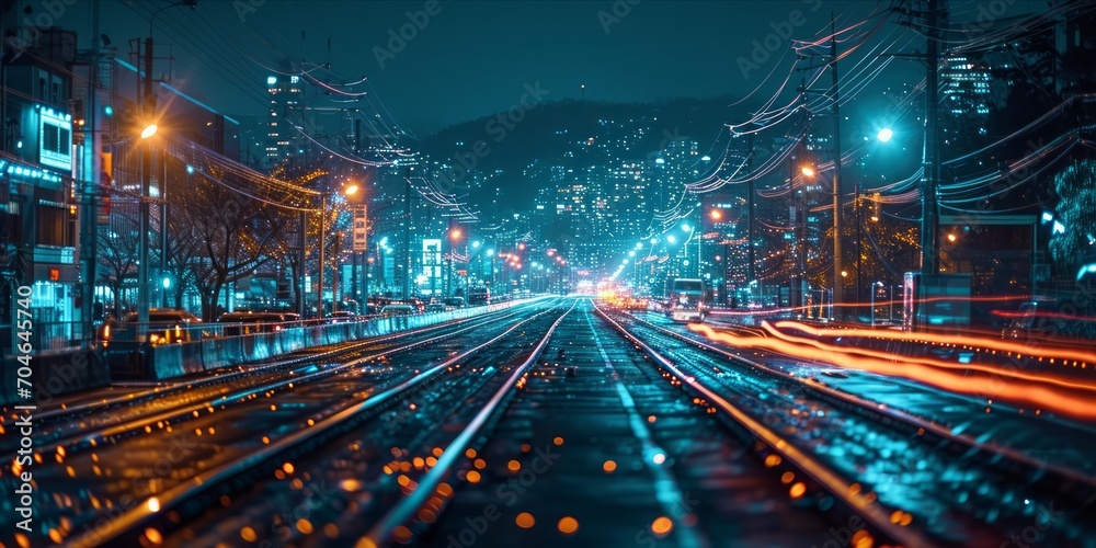 Aufkleber cityscape connections: the illuminated web of data transfer intertwining the urban streets on the in