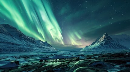  a green and purple aurora bore is in the sky above a mountain range and a body of water in the foreground. - obrazy, fototapety, plakaty