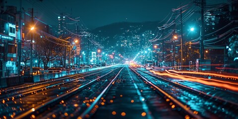 Cityscape Connections: The illuminated web of data transfer intertwining the urban streets on the information highway of the Internet of Things