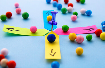 Post-it notes of different colors with spheres making a route to join the group and arrows indicating direction from blue thumbtack that represents starting point