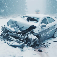 car crash. accident on the road snow weather closeup. ai generative