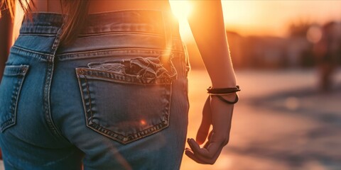 Sundown Elegance: A woman's silhouette, holding her jeans with grace as the beautiful twilight accentuates the curves of her stylish and feminine form