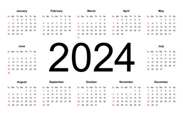 Calendar template for 2024 year. Week starts from Sunday. Isolated vector illustration on white background.