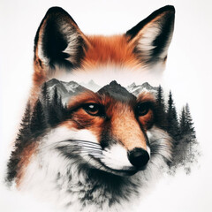 Double exposure fox with a forest and mountains isolated on a white background. ai generative
