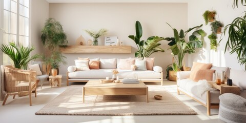Contemporary open-plan interior featuring a modular sofa, wooden coffee tables, plaid, pillows, tropical plants, and elegant personal accessories in a stylish neutral living room.