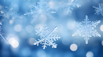 Close-up of Sparkling Snowflakes on a Blue Gradient Background