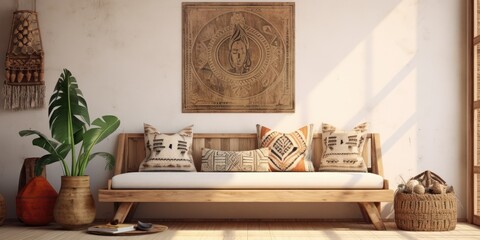 Bohemian style interior. Wall mockup with art. ed .