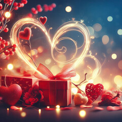 Happy Valentines day. Valentines day background with red hearts on bokeh background. ai generative