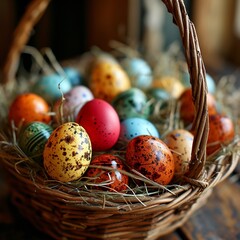 A basket full of colorful Easter eggs, ai generated - obrazy, fototapety, plakaty
