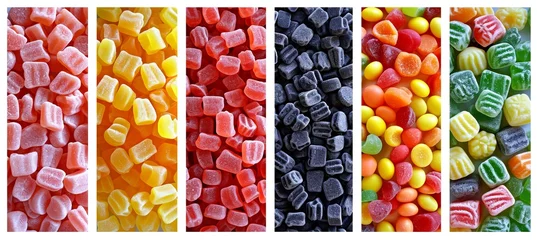 Rolgordijnen Vibrant candy product collage with white vertical lines, illuminated by bright white light © Ilja