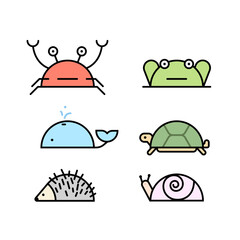 Vector collection funny animals. Cute animals: crab, frog, whale, turtle, hedgehog and snail