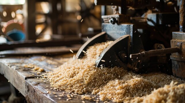  a pile of wood shavings being milled into a machine with a large blade of wood shavings in front of it.