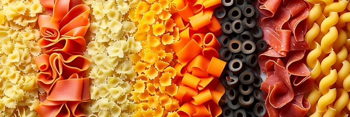 Brightly lit collage of pasta products divided by vertical white lines in seven segments - Powered by Adobe