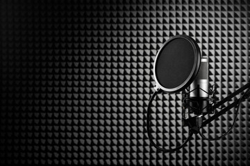 Professional microphone on the black sound proof panel. Recording studio, copy space.