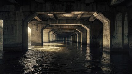 Fototapeta premium a very long tunnel that is in the middle of a body of water with a light at the end of the tunnel.