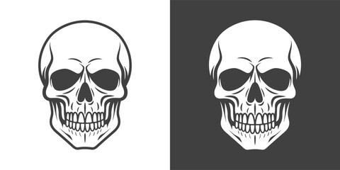 Vector Black and White Skull Icon Set Closeup Isolated. Skulls Collection with Outline, Cut Out Style in Front View. Hand Drawn Skull Head Design Template