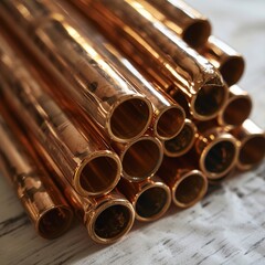 A stack of copper pipes close-up, ai generated