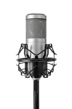 Silver microphone on the gray background isolated. Transparent PNG image.