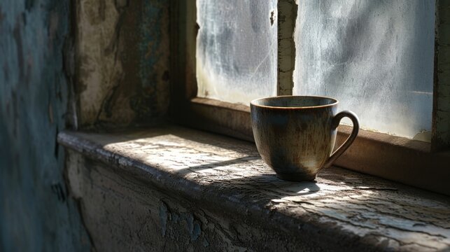  a cup sitting on top of a window sill next to a window sill with peeling paint on it.