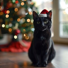 Black Cat with a santa hat on blurred background, ai generated