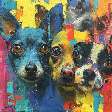 Paintings of dogs and cats, abstract colorful