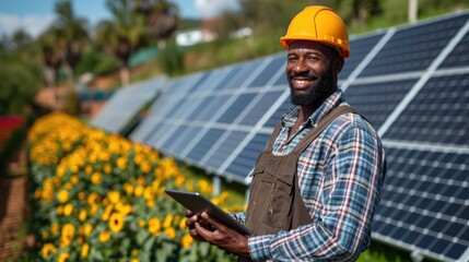 An african man in a hard hat holding a tablet, solar panel farm to generate electricity