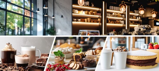divided collage of coffee shop products with white vertical lines and bright light white style