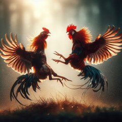 Photo two roosters fight on solid nature blured background. ai generative