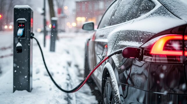 An electric car is parked at a charging station in the snow. This image can be used to illustrate eco-friendly transportation and the use of electric vehicles in winter conditions