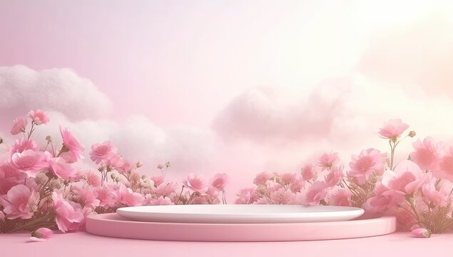 a white plate with pink flowers is placed on white backdrop with clouds