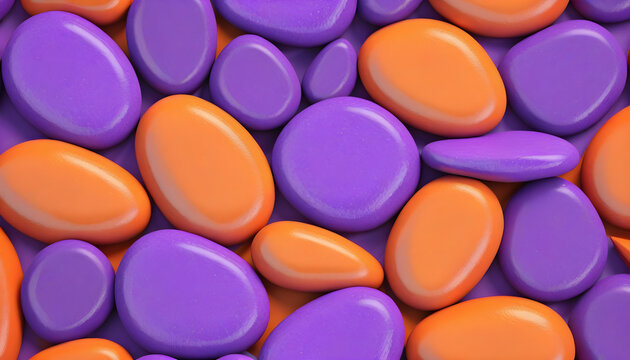 Orange and violet 3D stones together to make a Multicolored abstract background. 3D Render.