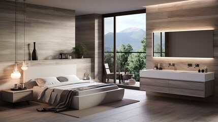 Modern luxury bedroom with en suite bathroom and mountain views