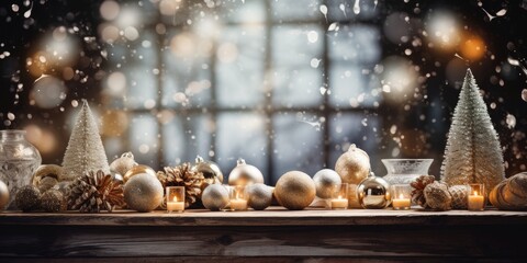 Decorative Christmas and New Year setup with a wooden table in front