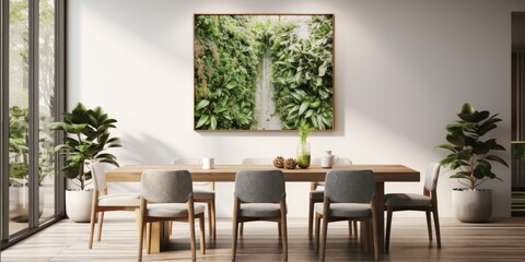 Contemporary dining space adorned with plants and artwork.